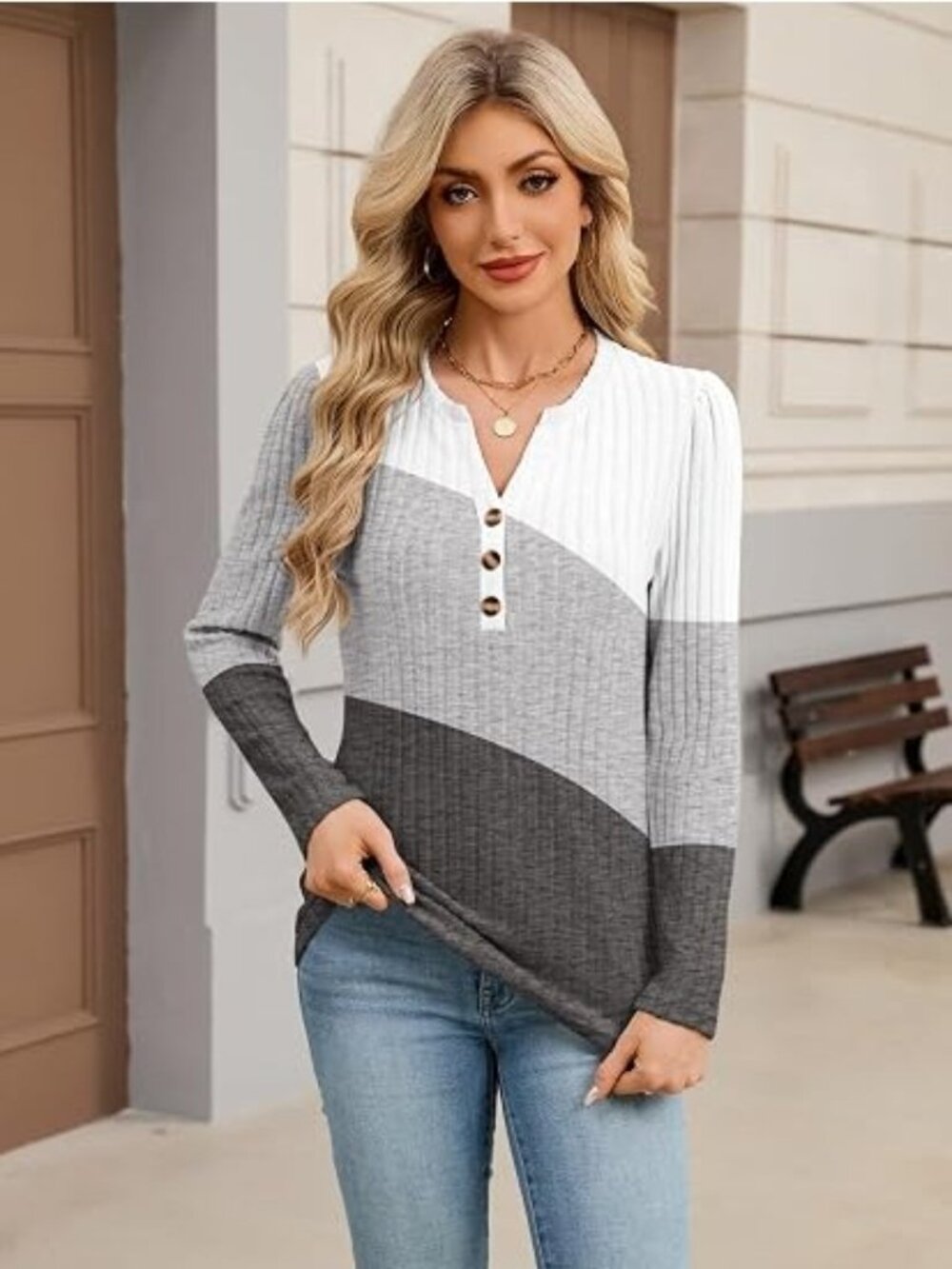 Ueal Size XL Sweater Henley Color Block White Gray V-Neck Button Long Sleeve - Picture 3 of 7